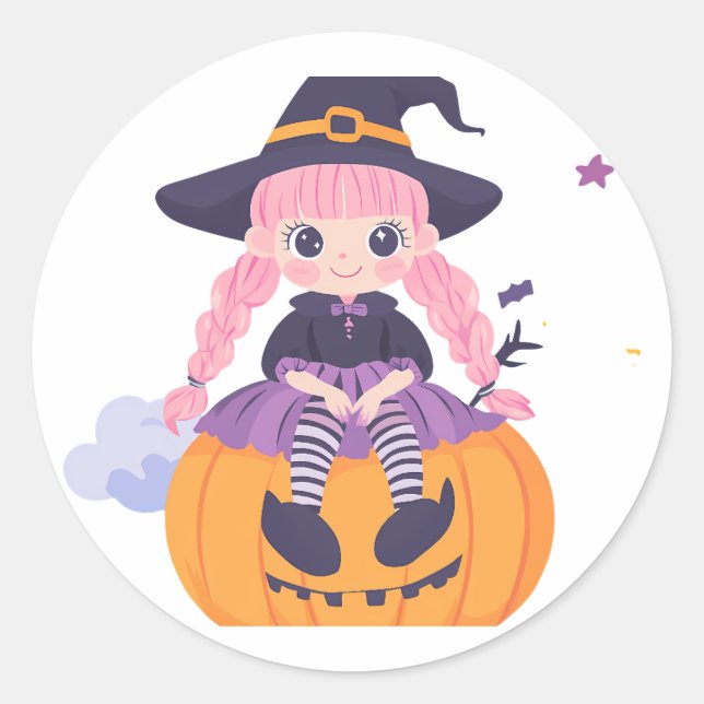 "Pumpkin Fun: Cute Cartoon Girl Sticker" Classic Round Sticker (Front)