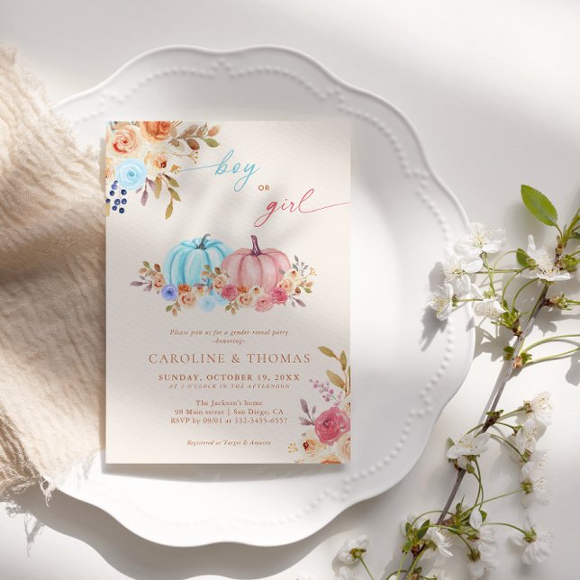 Pumpkin Gender Reveal Blue Pink  Invitation (Creator Uploaded)