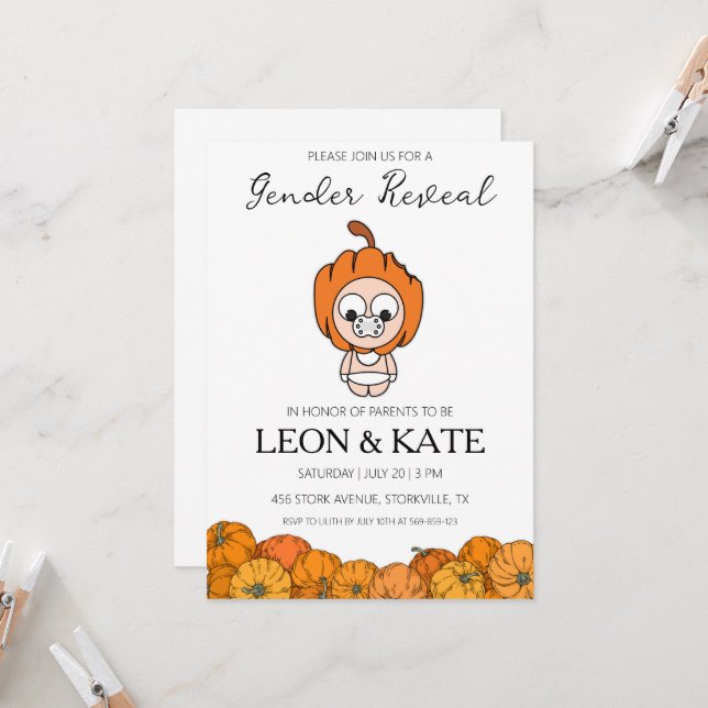 pumpkin gender reveal invitations (Front/Back In Situ)