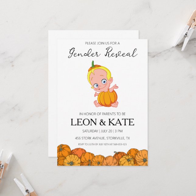 pumpkin gender reveal invitations (Front/Back In Situ)