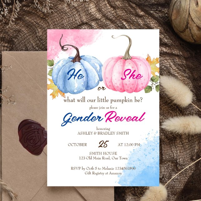 Pumpkin gender reveal pink and blue template (Pumpkin fall themed gender reveal editable template invitation digital download pink  blue pumpkins)
