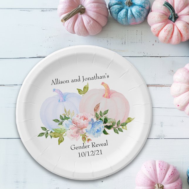 Pumpkin Gender reveal Pink Blue Autumn Custom Paper Plate (Creator Uploaded)