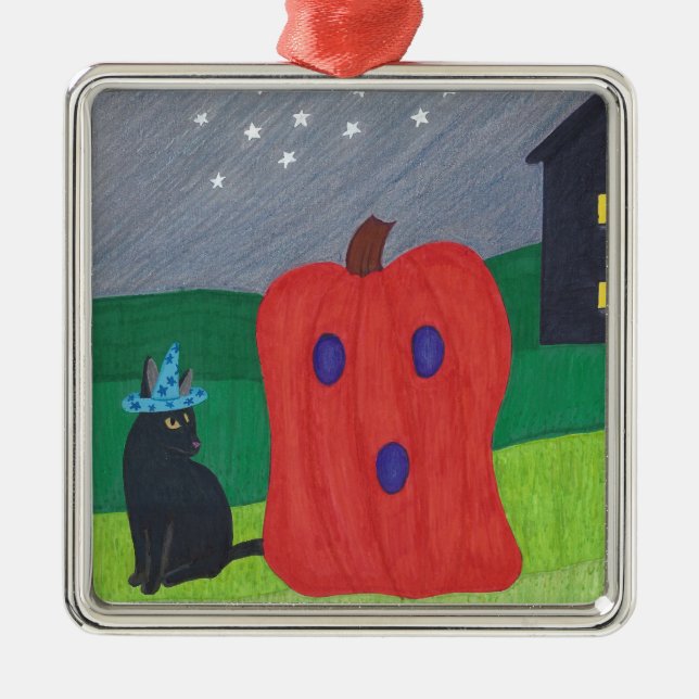 Pumpkin Ghost and Wizard Cat Halloween Ornaments (Front)