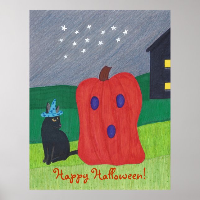 Pumpkin Ghost and Wizard Cat Halloween Posters (Front)