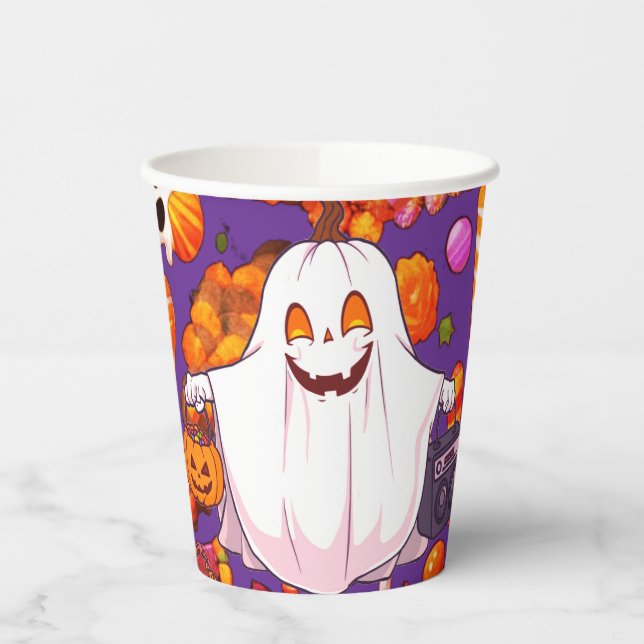 Pumpkin Ghost Pattern Cute Halloween Paper Cups (Left)