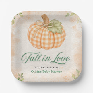Pumpkin Gingham Fall in Love Baby Shower Paper Plate