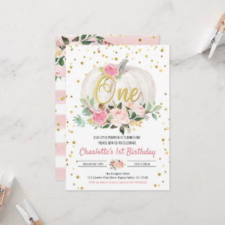Pumpkin Girl 1st Birthday Party Pink Invitation