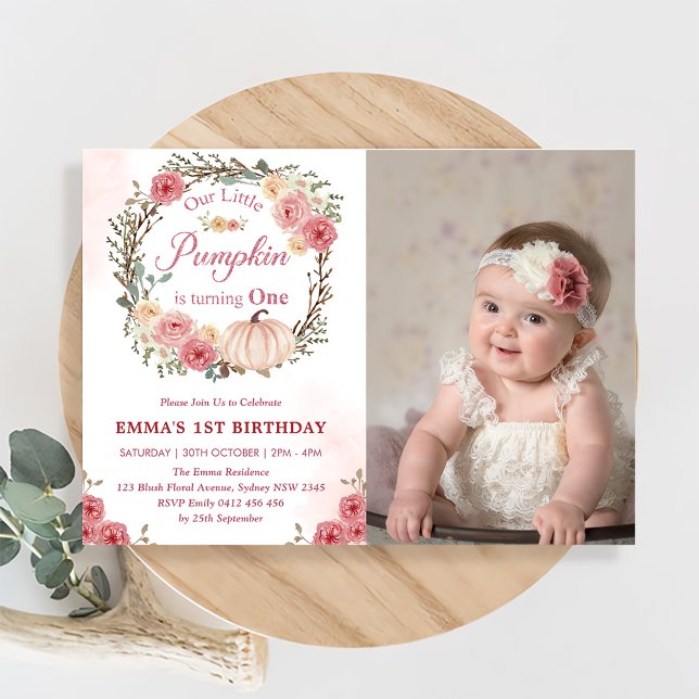  Pumpkin Girl 1st Birthday Pink Floral Party  Invitation (Creator Uploaded)