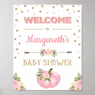 Pumpkin Girl Baby Shower Welcome Sign Pink Floral