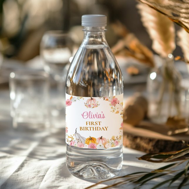 Pumpkin Girl First Birthday Water Bottle Label (Creator Uploaded)
