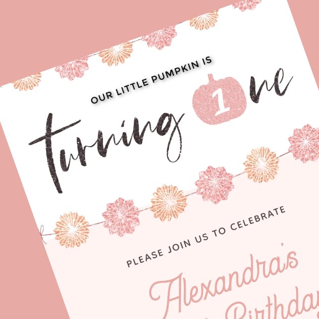 Pumpkin Girl Pink Floral Halloween 1st birthday Invitation (Halloween-1st-birthday-Invitation-Pumpkin-Girl-Pink-Floral-1)