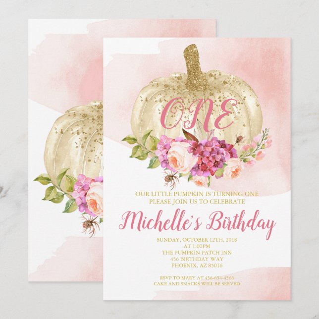 Pumpkin Girl Pink Gold First Birthday Watercolor Invitation (Front/Back)