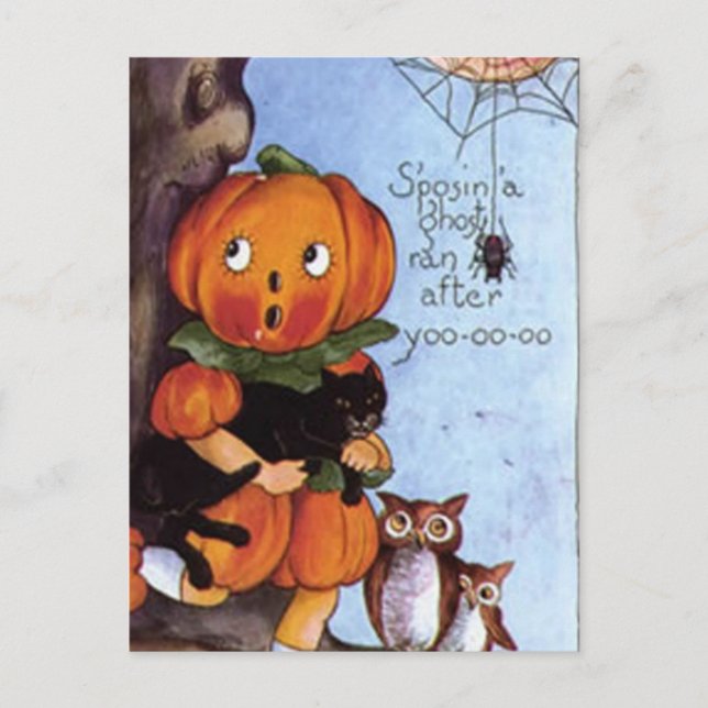 Pumpkin Girl With Cat Postcard (Front)