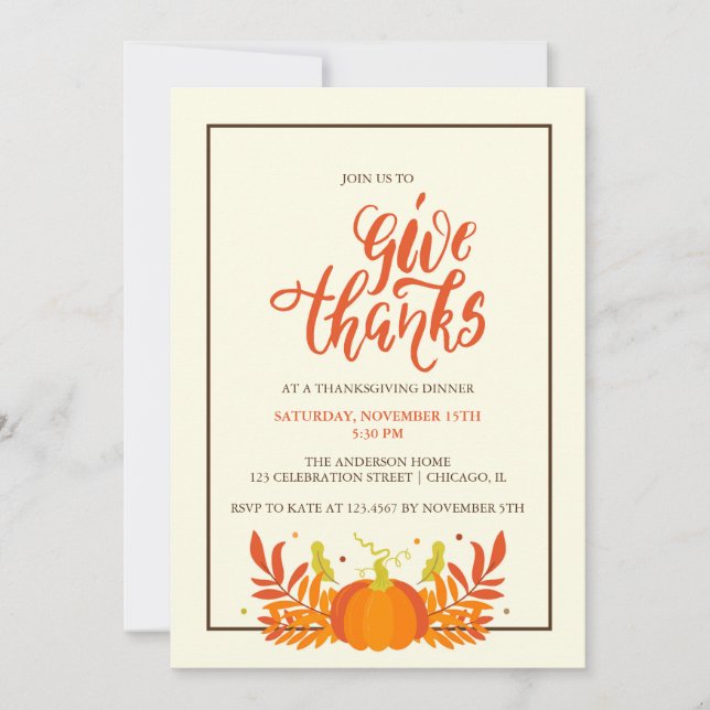 Pumpkin Give Thanks Thanksgiving Dinner Party Invitation (Front)
