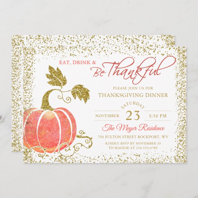 Pumpkin Glitter Thanksgiving Dinner Invitation (Front/Back)