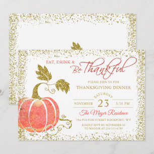 Pumpkin Glitter Thanksgiving Dinner Invitation