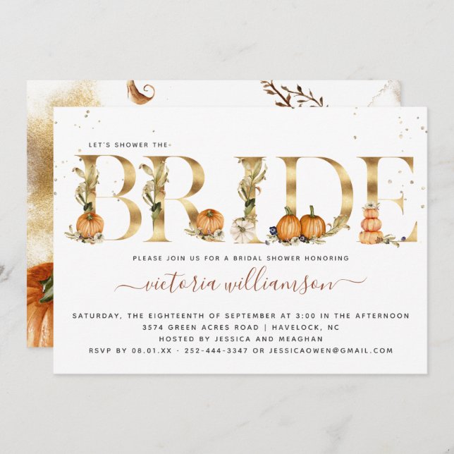 Pumpkin Gold Elegant Autumn Bridal Shower Invitation (Front/Back)