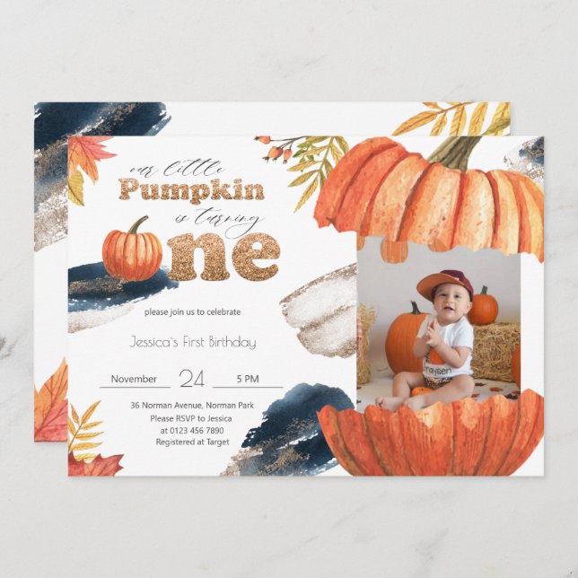 Pumpkin Gold Fall First Birthday With Photo Invitation (Front/Back)