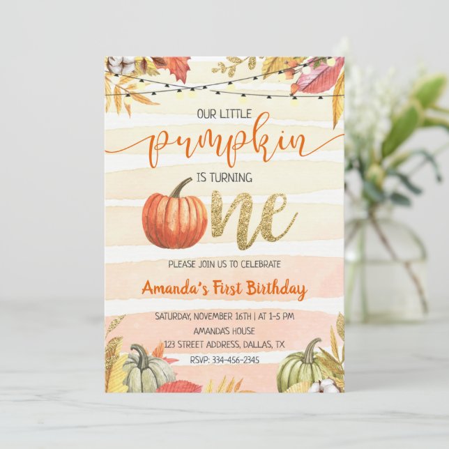 Pumpkin Gold Fall Orange First Birthday Invitation (Standing Front)