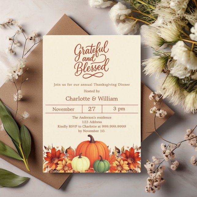 Pumpkin grateful blessed Thanksgiving Dinner Invitation (Creator Uploaded)