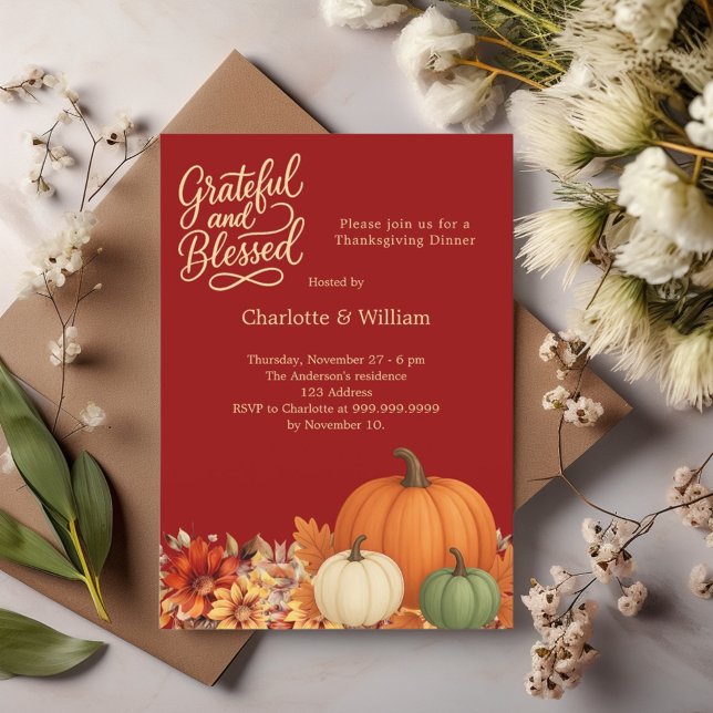 Pumpkin grateful terracotta Thanksgiving Dinner Invitation (Creator Uploaded)