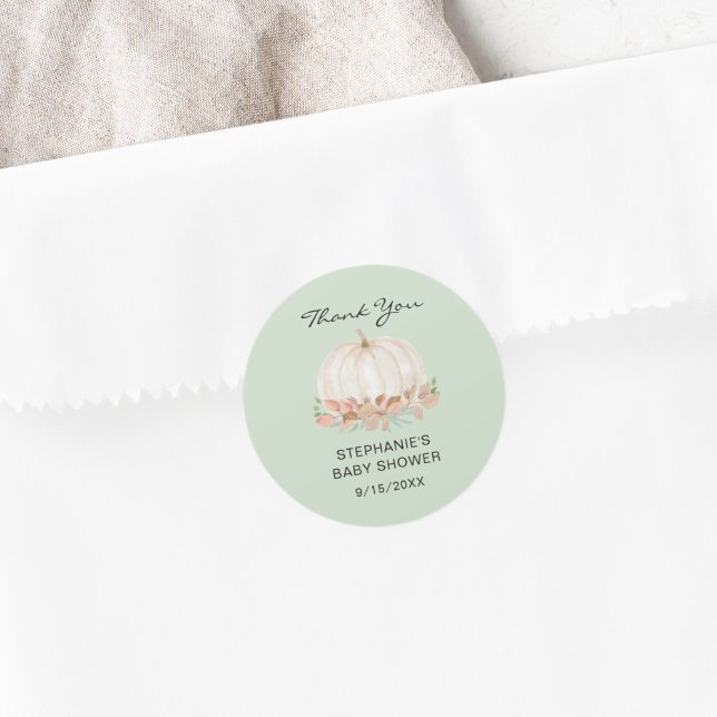 Pumpkin Green Baby Shower Thank You  Classic Round Sticker (Creator Uploaded)