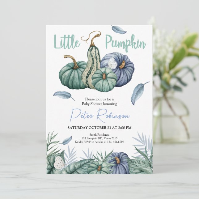 Pumpkin Green Floral Boy Baby Shower Invitation  (Standing Front)