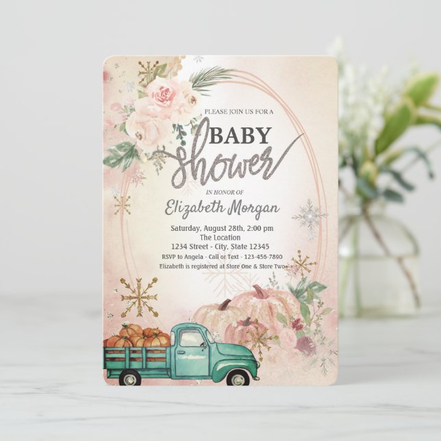 Pumpkin Green Truck,Roses,Snowflakes Baby Shower Invitation (Standing Front)