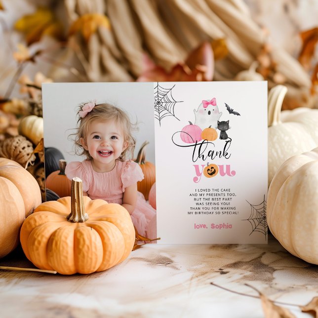 Pumpkin Halloween birthday photo thank you card (Creator Uploaded)
