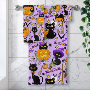 Pumpkin Halloween Candy Black Cats Bath Towel Set