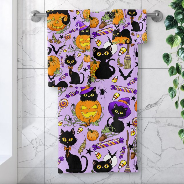 Pumpkin Halloween Candy Black Cats Bath Towel Set (Creator Uploaded)