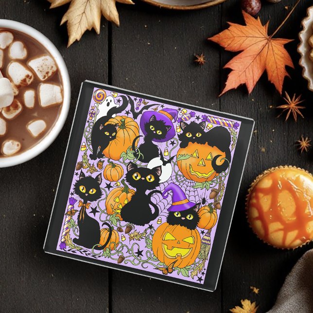 Pumpkin Halloween Candy Black Cats Glass Coaster (Creator Uploaded)