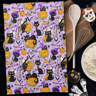 Pumpkin Halloween Candy Black Cats Tea Towel