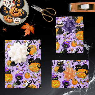 Pumpkin Halloween Candy Black Cats Wrapping Paper Sheet