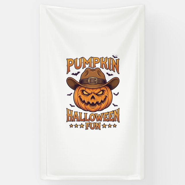 Pumpkin Halloween Fun Jack Lantern Cowboy Hat Bats Banner (Vertical)