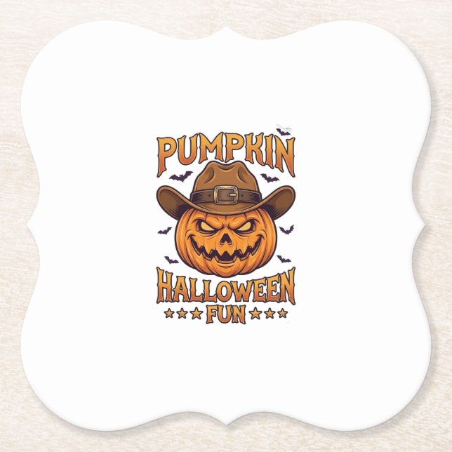 Pumpkin Halloween Fun Jack Lantern Cowboy Hat Bats Paper Coaster (Front)