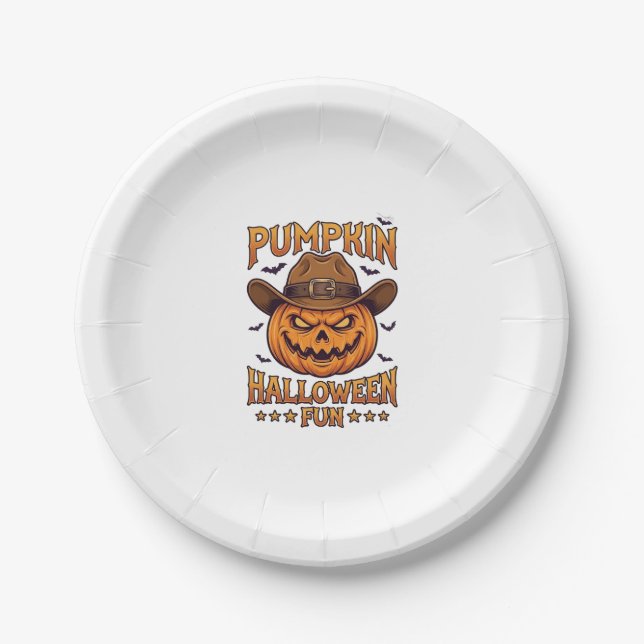 Pumpkin Halloween Fun Jack Lantern Cowboy Hat Bats Paper Plate (Front)