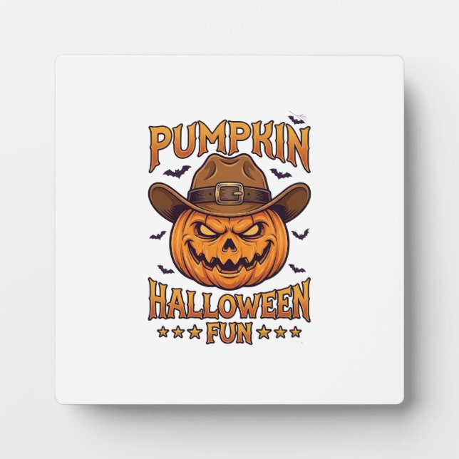 Pumpkin Halloween Fun Jack Lantern Cowboy Hat Bats Plaque (Front)