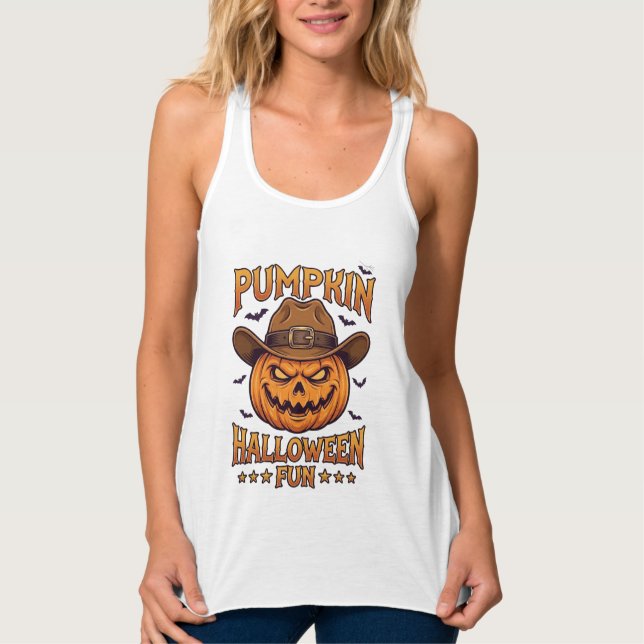 Pumpkin Halloween Fun Jack Lantern Cowboy Hat Bats Singlet (Front)