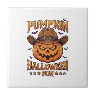 Pumpkin Halloween Fun Jack Lantern Cowboy Hat Bats Tile