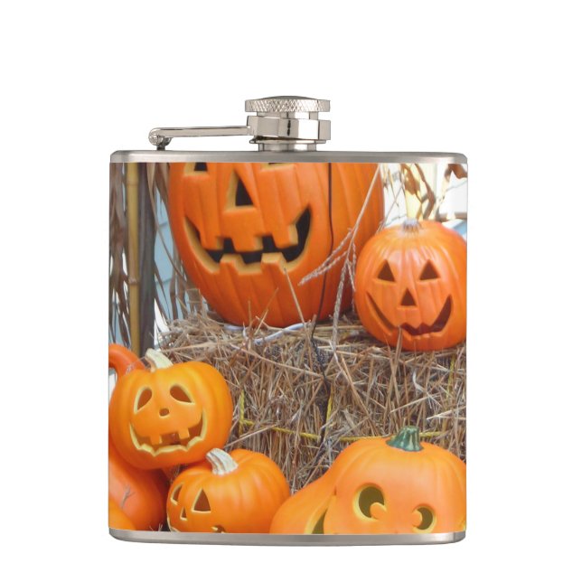 Pumpkin halloween jack o lantern orange pumpkins hip flask (Front)