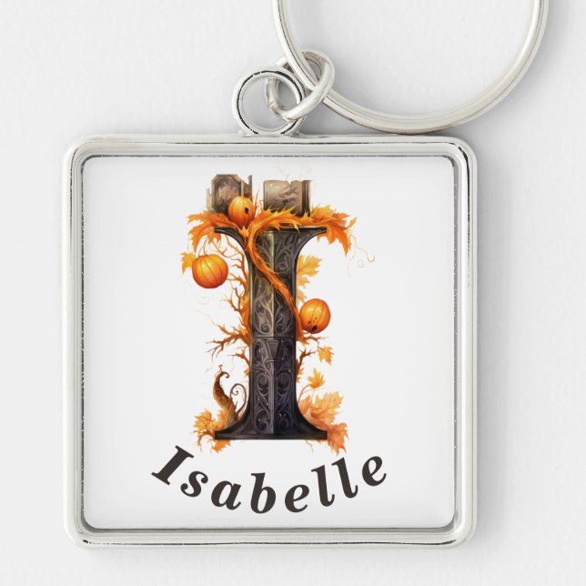 Pumpkin Halloween Name Letter I Floral Monogram Key Ring (Front)