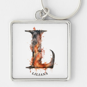 Pumpkin Halloween Name Letter L Floral Monogram Key Ring