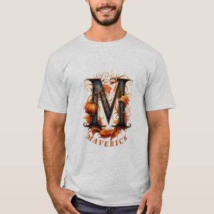 Pumpkin Halloween Name Letter M Floral Monogram T-Shirt