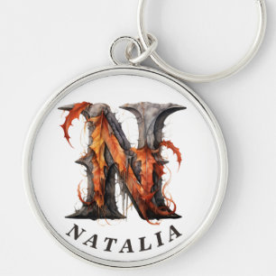 Pumpkin Halloween Name Letter N Floral Monogram Key Ring