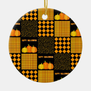 Pumpkin Halloween Patchwork Pattern Ceramic Tree Decoration