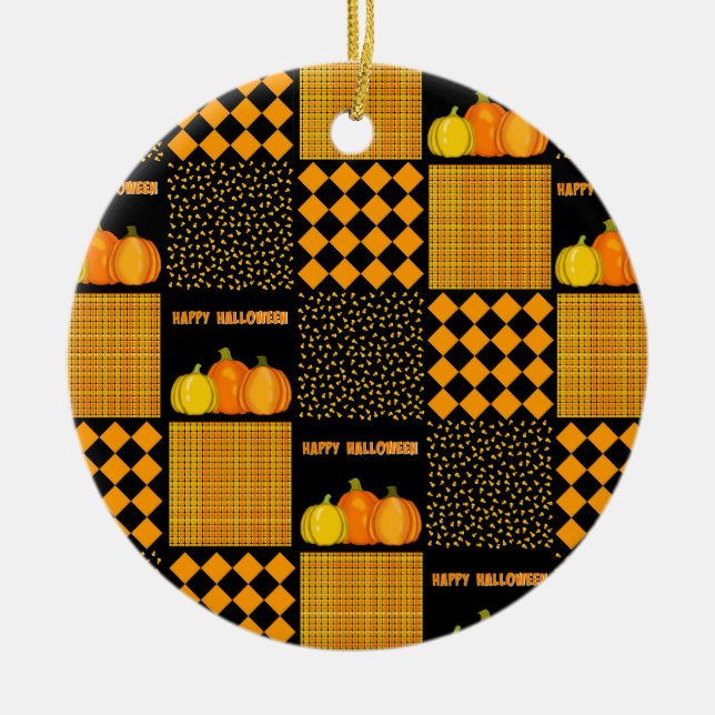 Pumpkin Halloween Patchwork Pattern Ceramic Tree Decoration (Front)
