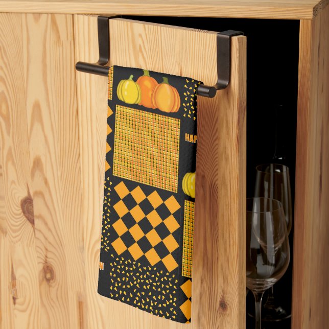 Pumpkin Halloween Patchwork Pattern Tea Towel (Thirds Fold)