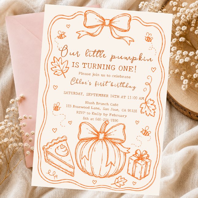 pumpkin hand drawn doodle autumn bow cake Slice Invitation (Creator Uploaded)