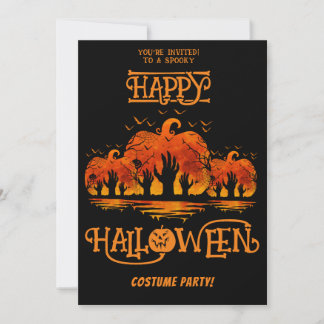 Pumpkin Happy Halloween Costume Party Black Hands Invitation
